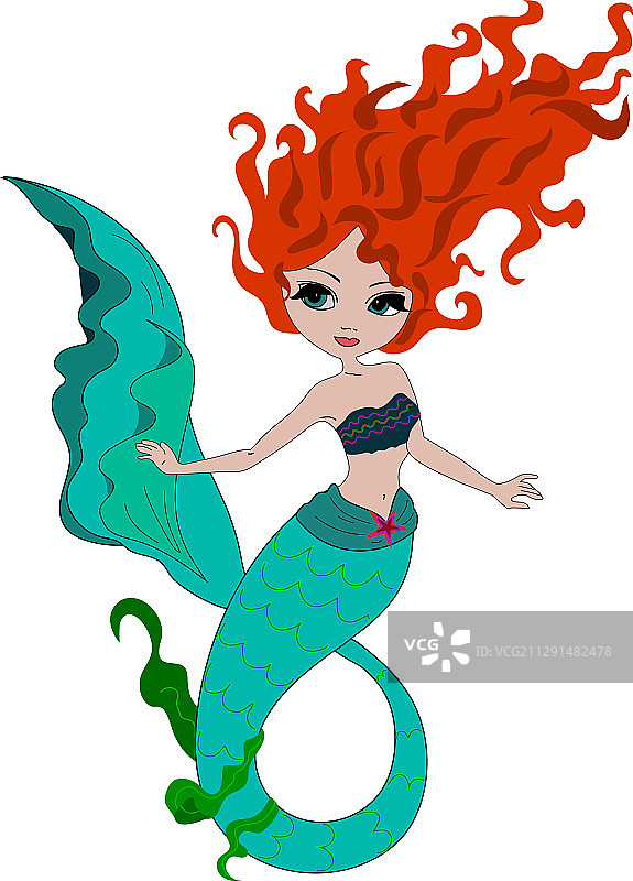 带绿色发夹的红发小美人鱼图片素材