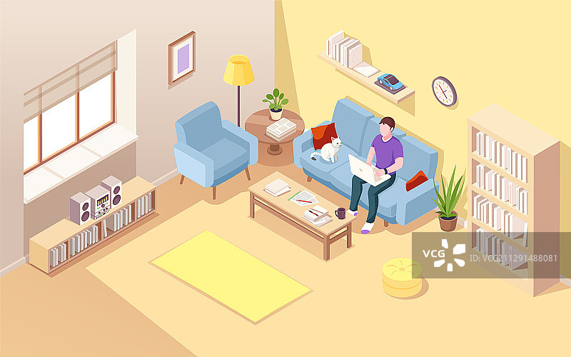 2.5D客厅与自由职业者男人图片素材