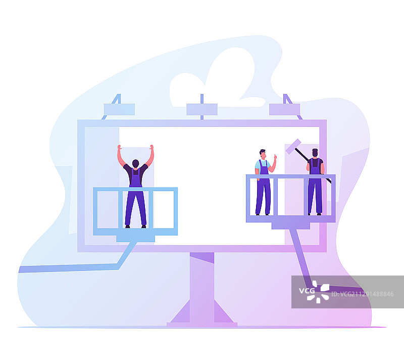 工人们使用高空作业平台张贴海报图片素材