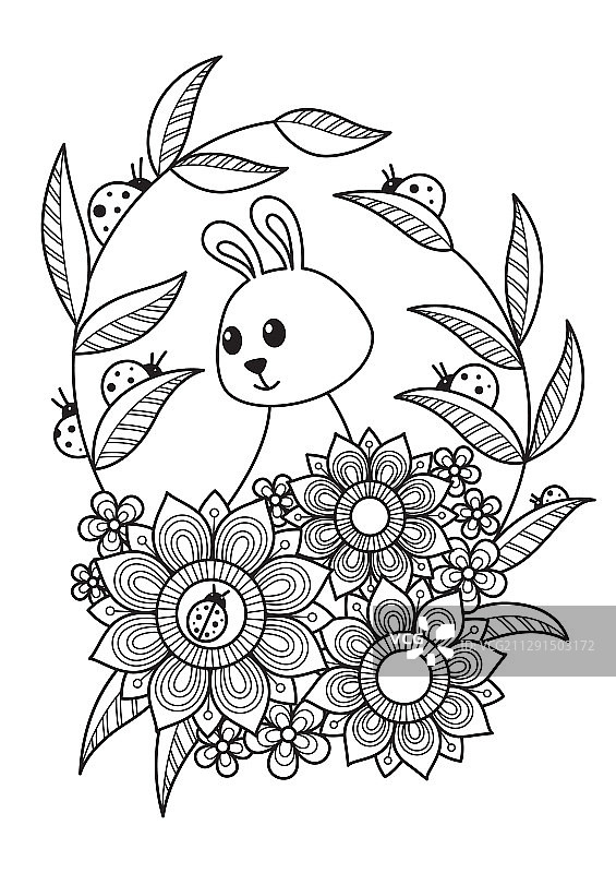 花丛中的可爱复活节兔子涂鸦图片素材