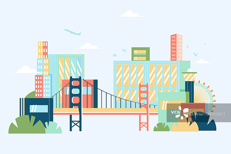卡通青年出行交通方式出国游旅行新加坡美国金门大桥城市矢量插画图片素材