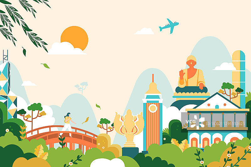 卡通中国香港特别行政区出行出游城市地标建筑群景点景区矢量插画图片素材