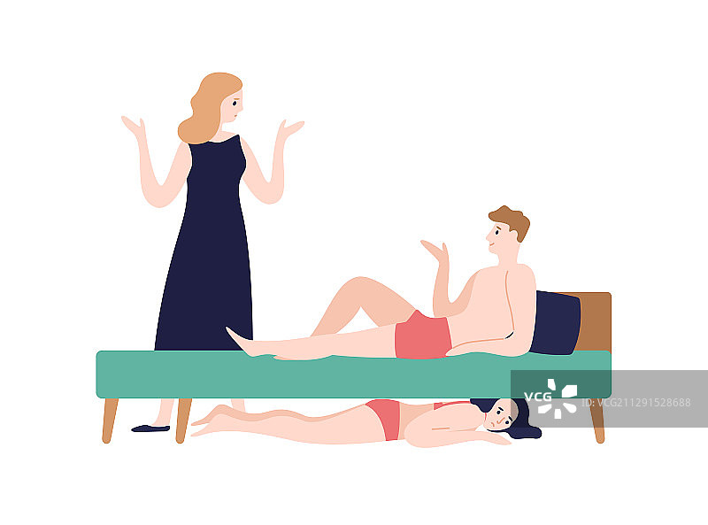 惊讶的女人指责穿着内衣的丈夫图片素材