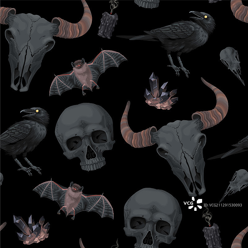 渡鸦和人类头骨无缝图案图片素材