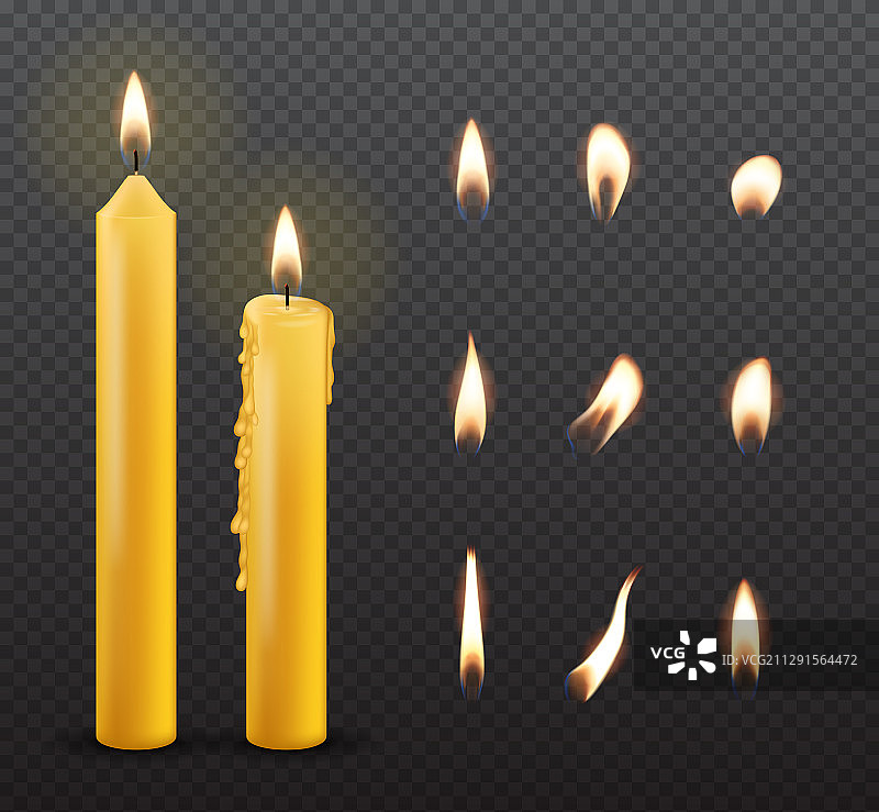 逼真3D燃烧蜡烛火焰套装图片素材