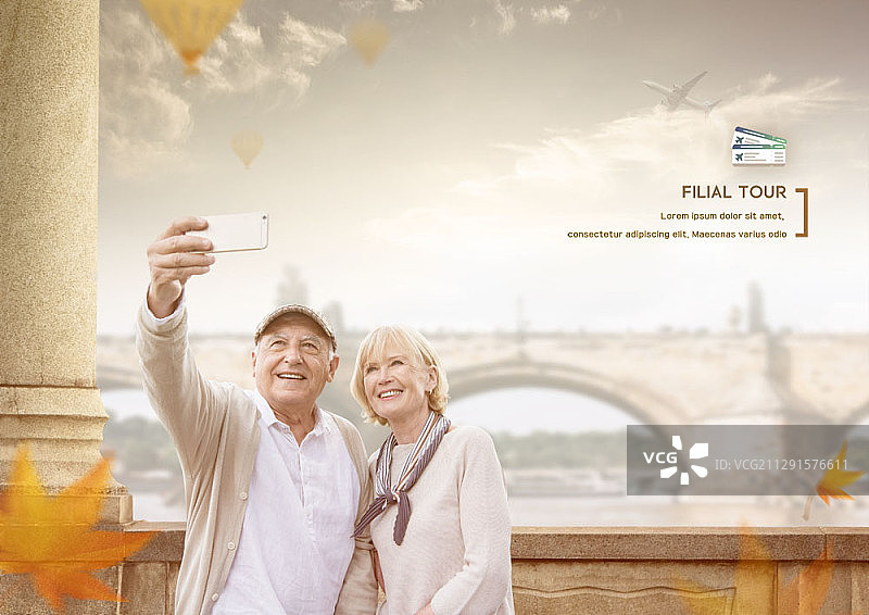 在桥边自拍的年长的白人夫妇合成图像图片素材