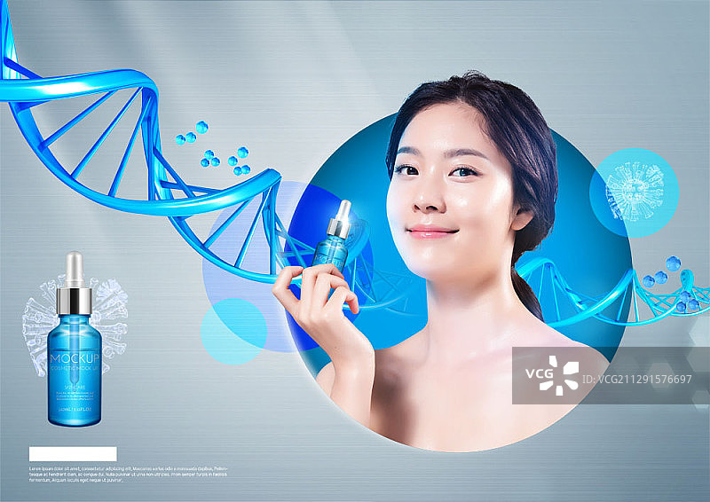 手持蓝色精华模型的女人与DNA模型合成图像图片素材