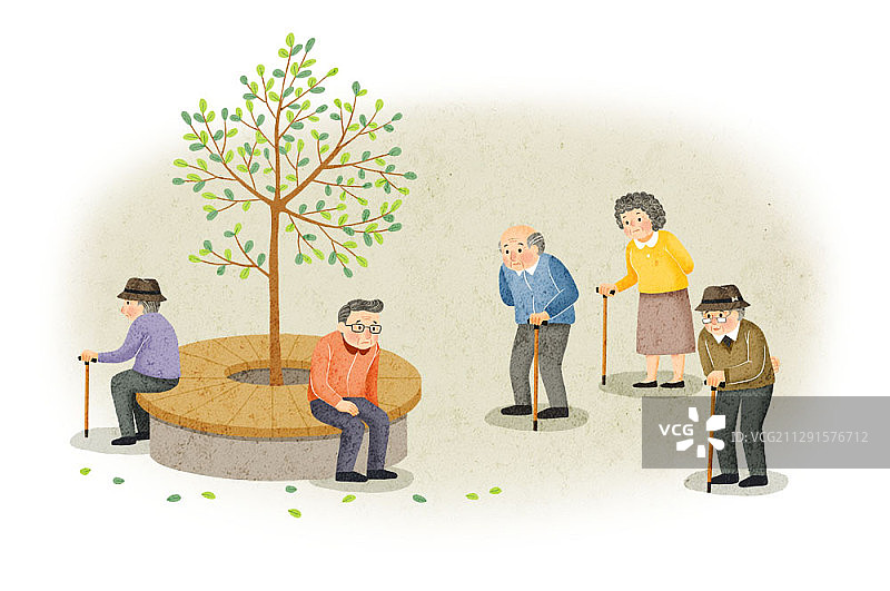 老人在公园散步和休息的插画图片素材