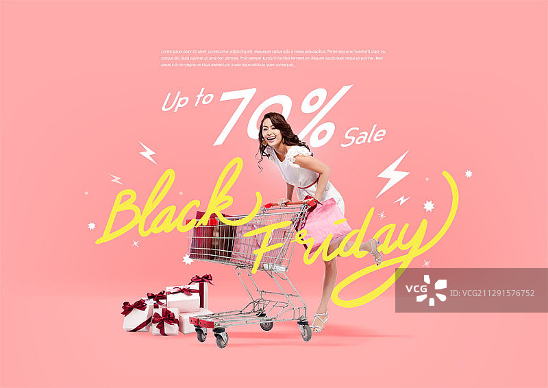 黑色星期五折扣促销广告合成图像，女子推着购物车和礼物图片素材
