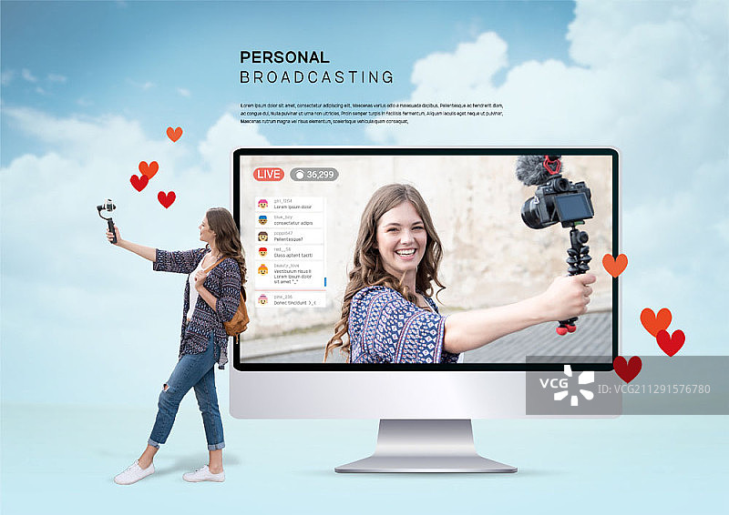 西方女性用相机和电脑拍摄Vlog的合成图像图片素材