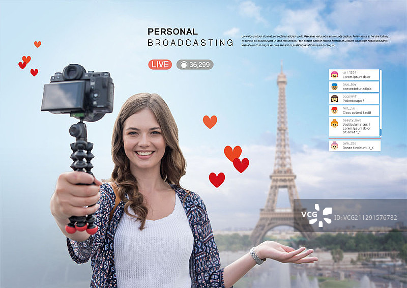 在埃菲尔铁塔旁直播的女人合成图像图片素材