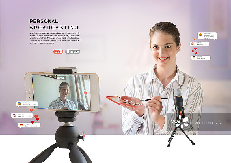 女人做带有聊天和麦克风的直播化妆秀的合成图像图片素材