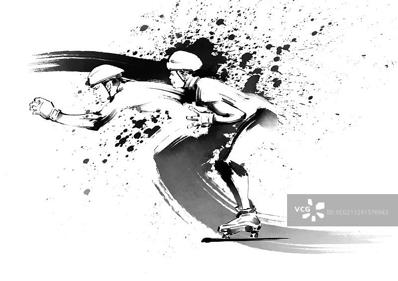 人物速滑彩色水墨画图片素材