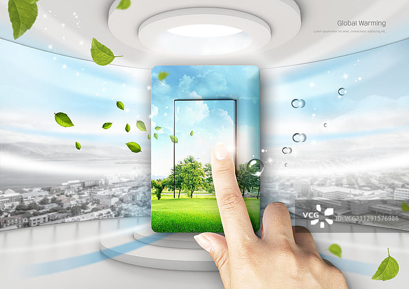 手触碰带有绿色草地和树木的灯开关图片素材