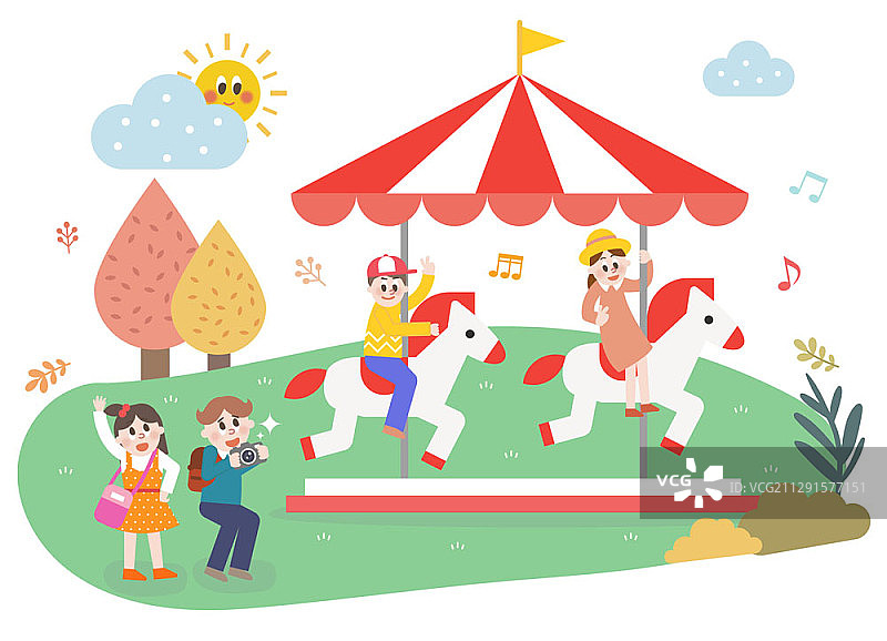 儿童乘坐旋转木马和拍照的矢量插图图片素材