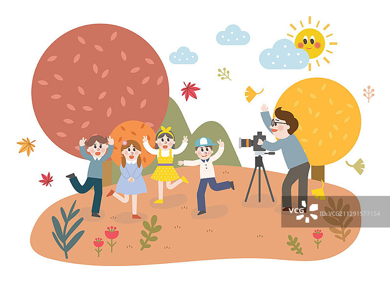 儿童在秋季公园拍照的矢量图图片素材
