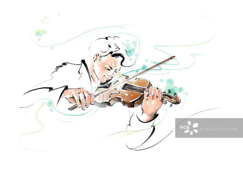 水墨水彩画：音乐家拉小提琴图片素材