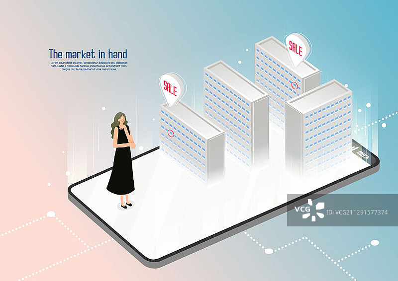 女子在手机屏幕上的购物中心购物矢量插画图片素材