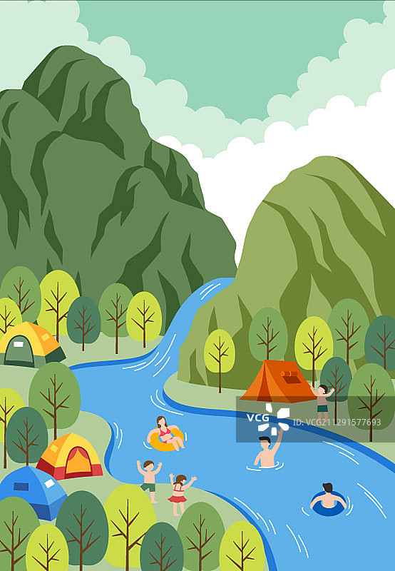 人们在河边露营和游泳的生活方式插画图片素材