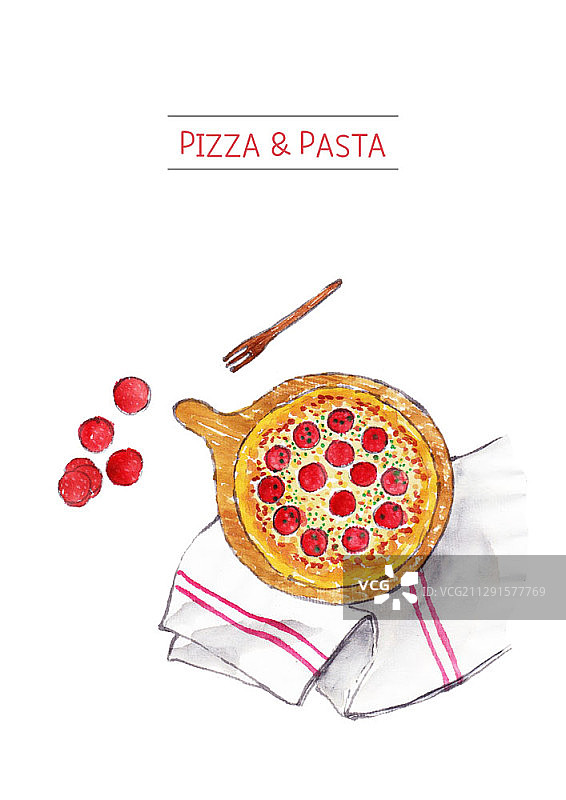 披萨和意大利面配料美食插画图片素材