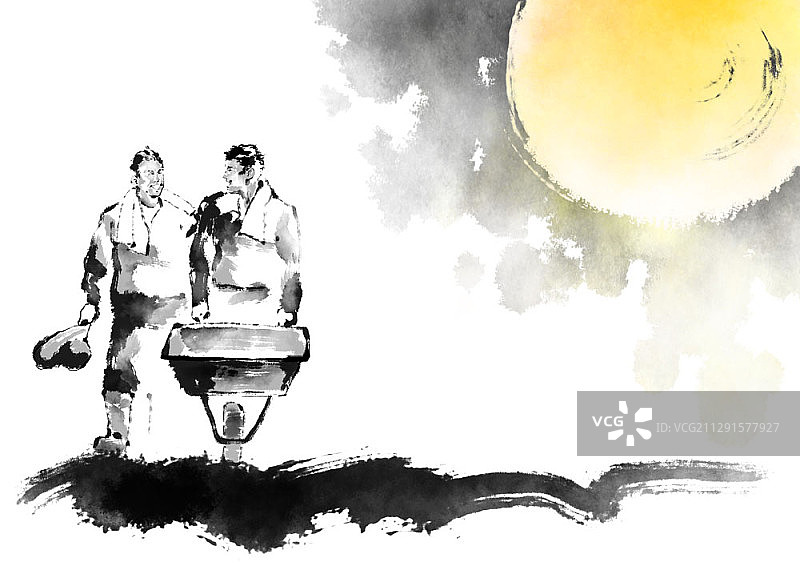 两名农民在月亮下推车的彩色水墨画图片素材