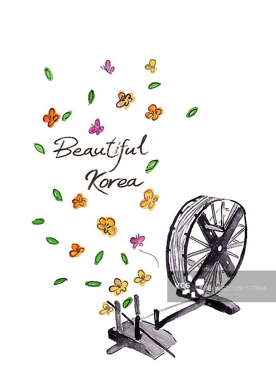 韩国传统物品和小花水彩插画图片素材