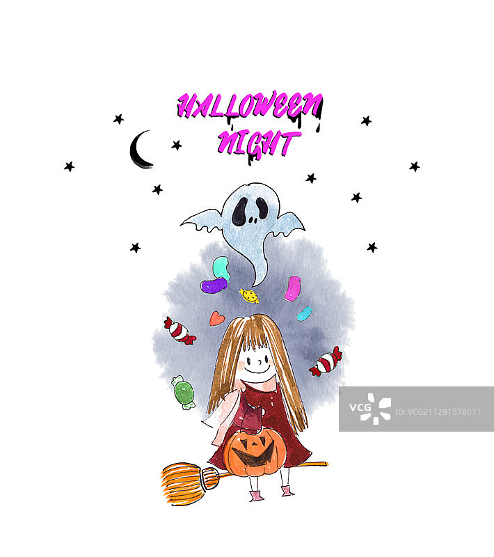 万圣节夜晚儿童提南瓜灯和幽灵插画图片素材