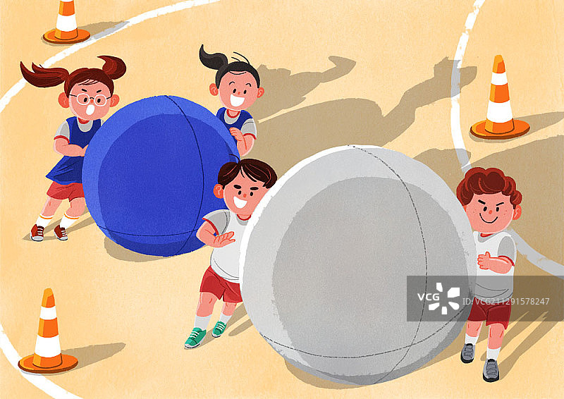 儿童在轨道上滚动大球的景观插图图片素材