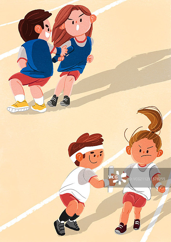 蓝色队和白色队在接力赛中传递接力棒的肖像插图图片素材