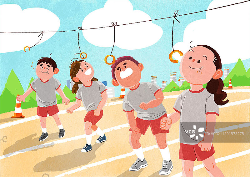 运动会上孩子们在绳子上吃甜甜圈的风景插画图片素材