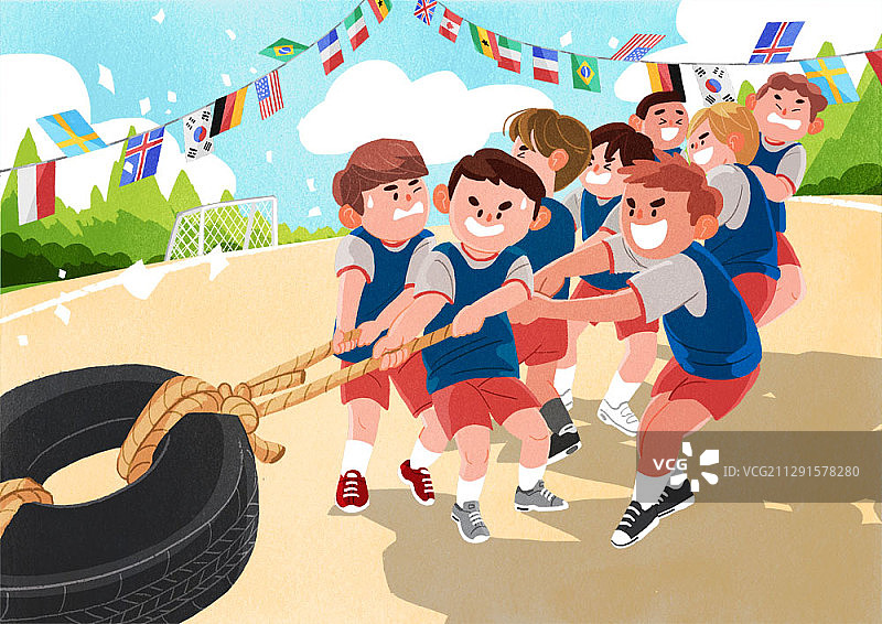 学校运动会上儿童拔河比赛插画图片素材