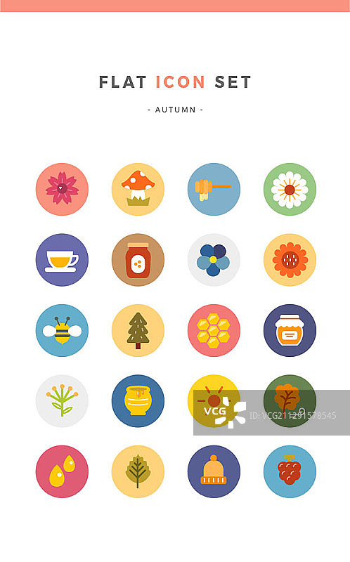 秋季鲜花蜂蜜和自然圆形矢量扁平图标集图片素材