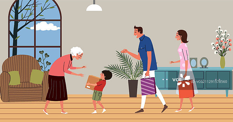 三口之家探望奶奶矢量图图片素材