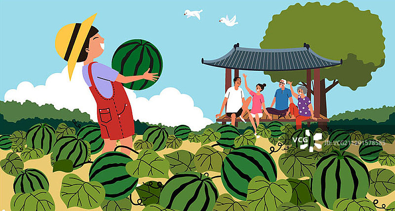 男孩采摘西瓜，家人在小屋旁休息矢量图图片素材