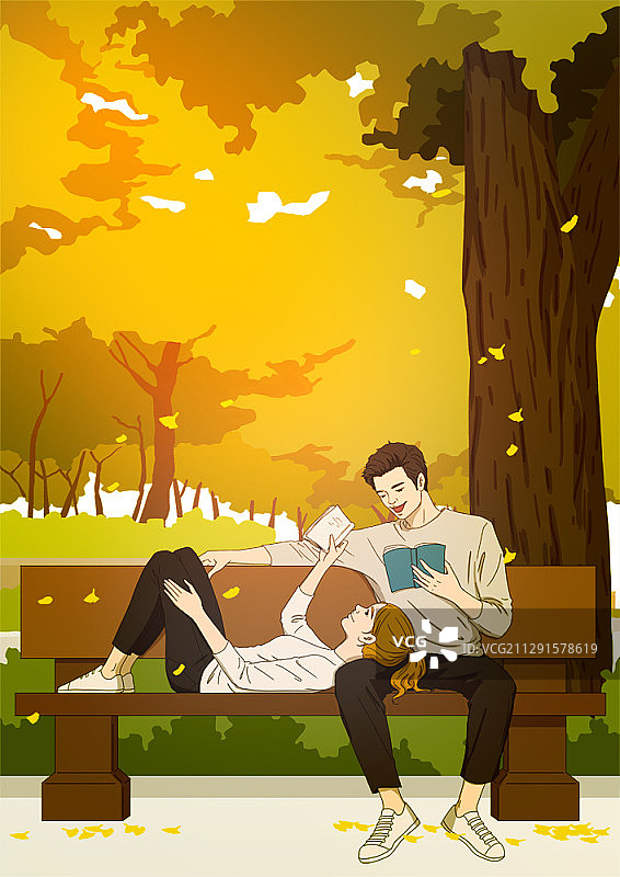 在公园里读书的情侣插图图片素材