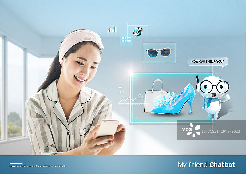 穿着睡衣、拿着手机和聊天机器人的女性合成图像图片素材