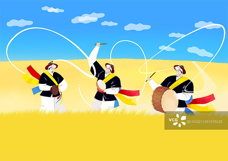 韩国传统音乐剧表演者鲜艳色彩插画图片素材