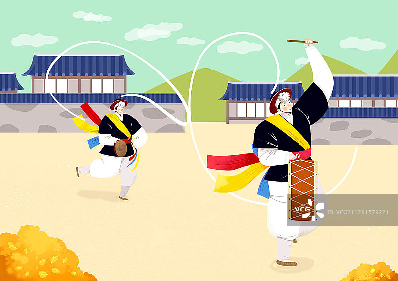 韩国传统音乐剧表演者鲜艳色彩插画图片素材