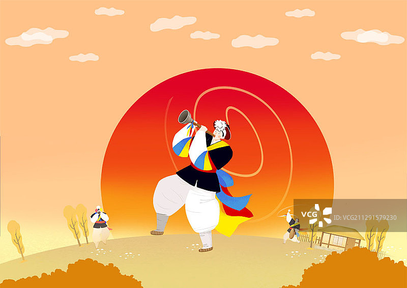 韩国传统音乐剧表演者鲜艳色彩插画图片素材