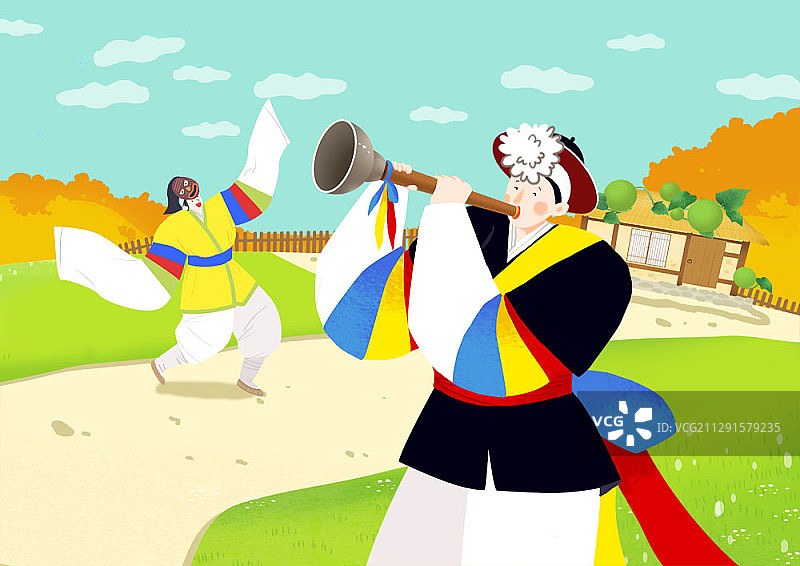 韩国传统音乐剧表演者鲜艳色彩插画图片素材
