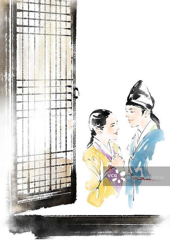 月光下身穿韩服情侣的水墨画图片素材