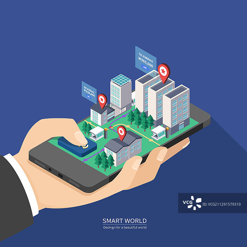 手持手机和智能世界的矢量插画图片素材