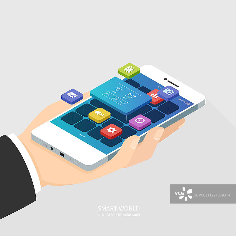 手持手机和智能世界的矢量插画图片素材