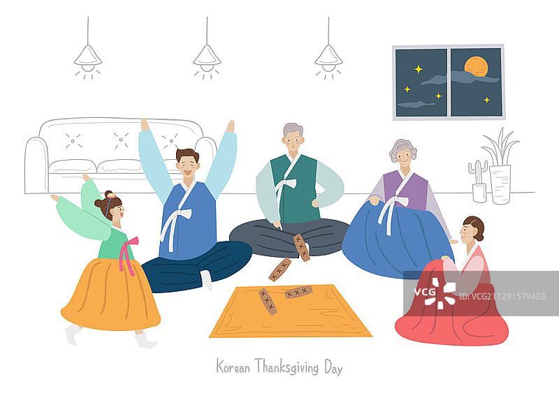 穿着韩服玩尤茨游戏的快乐家庭的矢量插画图片素材