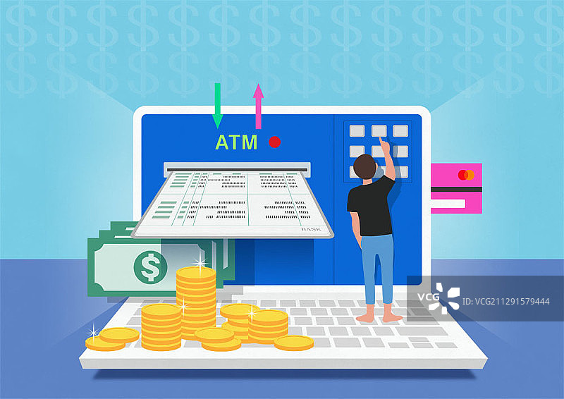 笔记本电脑屏幕作为ATM机与金钱硬币插画图片素材