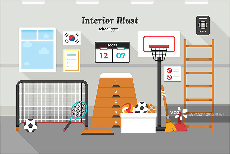 配备器材的学校体育馆矢量插图图片素材