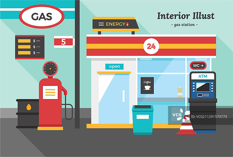 带有便利店的加油站矢量插画图片素材