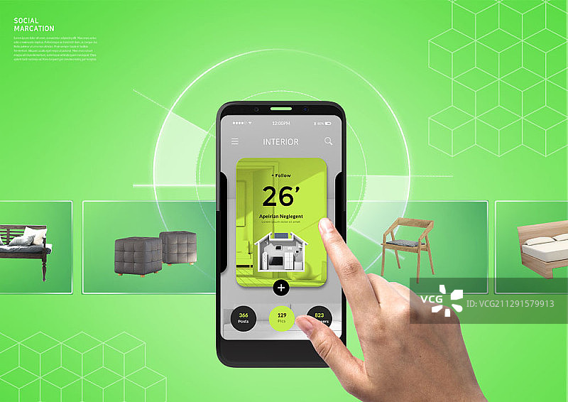 手触摸带家具的移动屏幕的合成图像图片素材