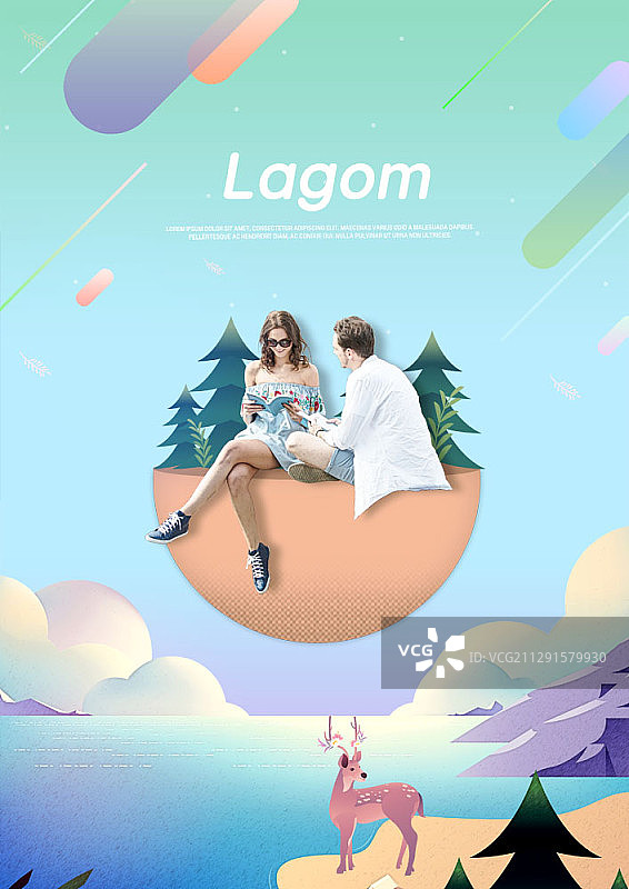 西方夫妇坐在半球上与小鹿插图的合成图像图片素材
