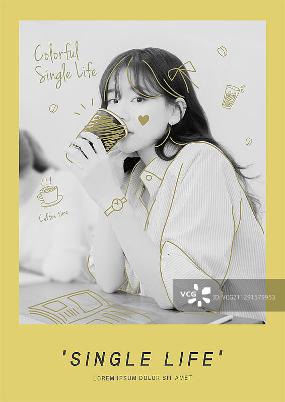 年轻亚洲模特的黑白照片和黄色绘画的合成图像图片素材